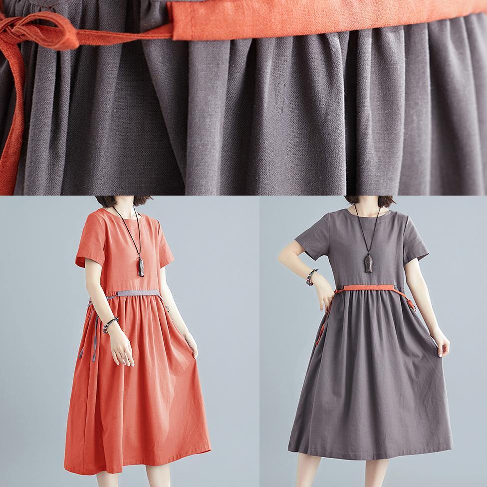 Vivid orange red cotton linen clothes For Women o neck tie waist Robe summer Dress