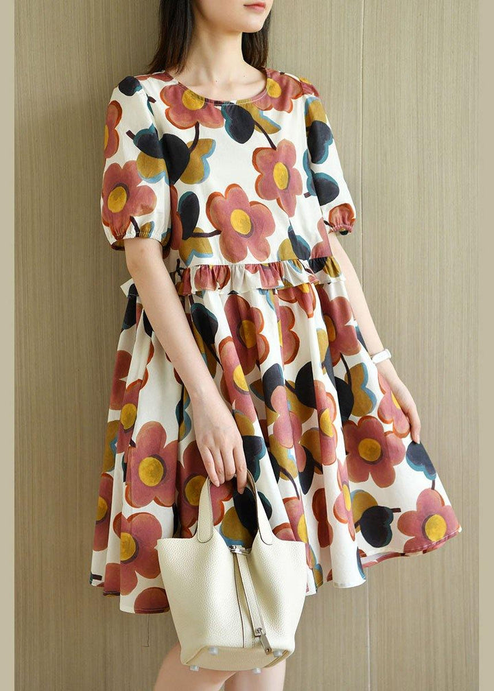 White O-Neck Print Puff Sleeve Summer Cotton Dress