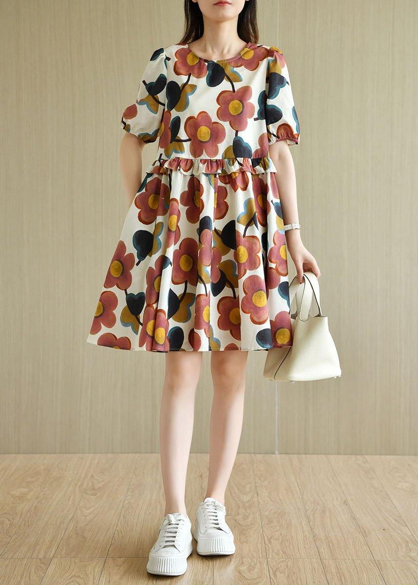 White O-Neck Print Puff Sleeve Summer Cotton Dress