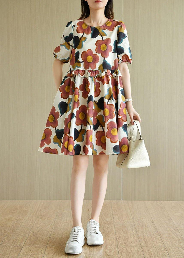 White O-Neck Print Puff Sleeve Summer Cotton Dress
