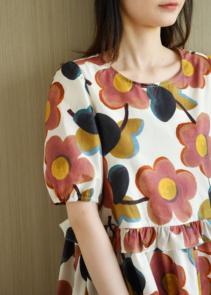 White O-Neck Print Puff Sleeve Summer Cotton Dress