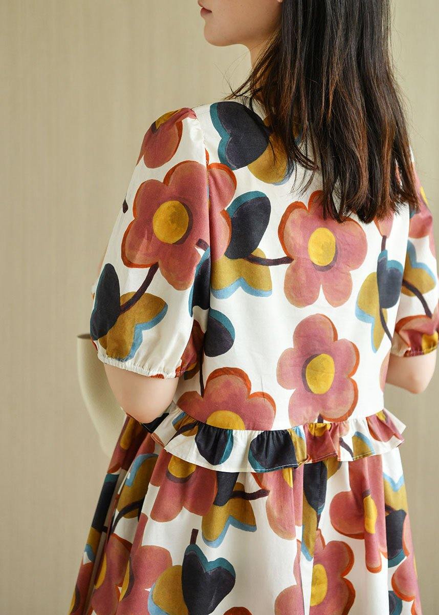 White O-Neck Print Puff Sleeve Summer Cotton Dress