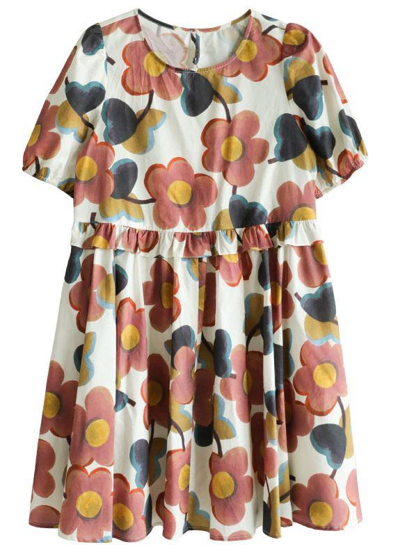 White O-Neck Print Puff Sleeve Summer Cotton Dress