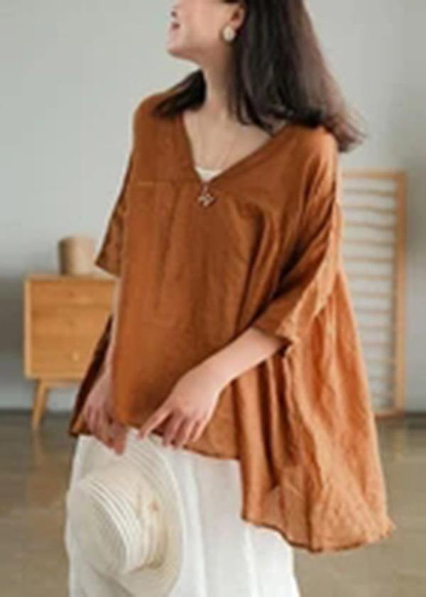 Women Ramie Lace-up Pure Color Irregular Casual T-shirt