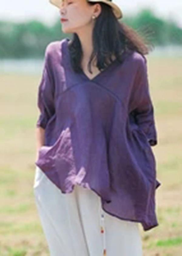 Women Ramie Lace-up Pure Color Irregular Casual T-shirt