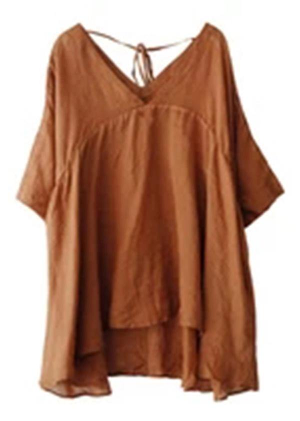 Women Ramie Lace-up Pure Color Irregular Casual T-shirt