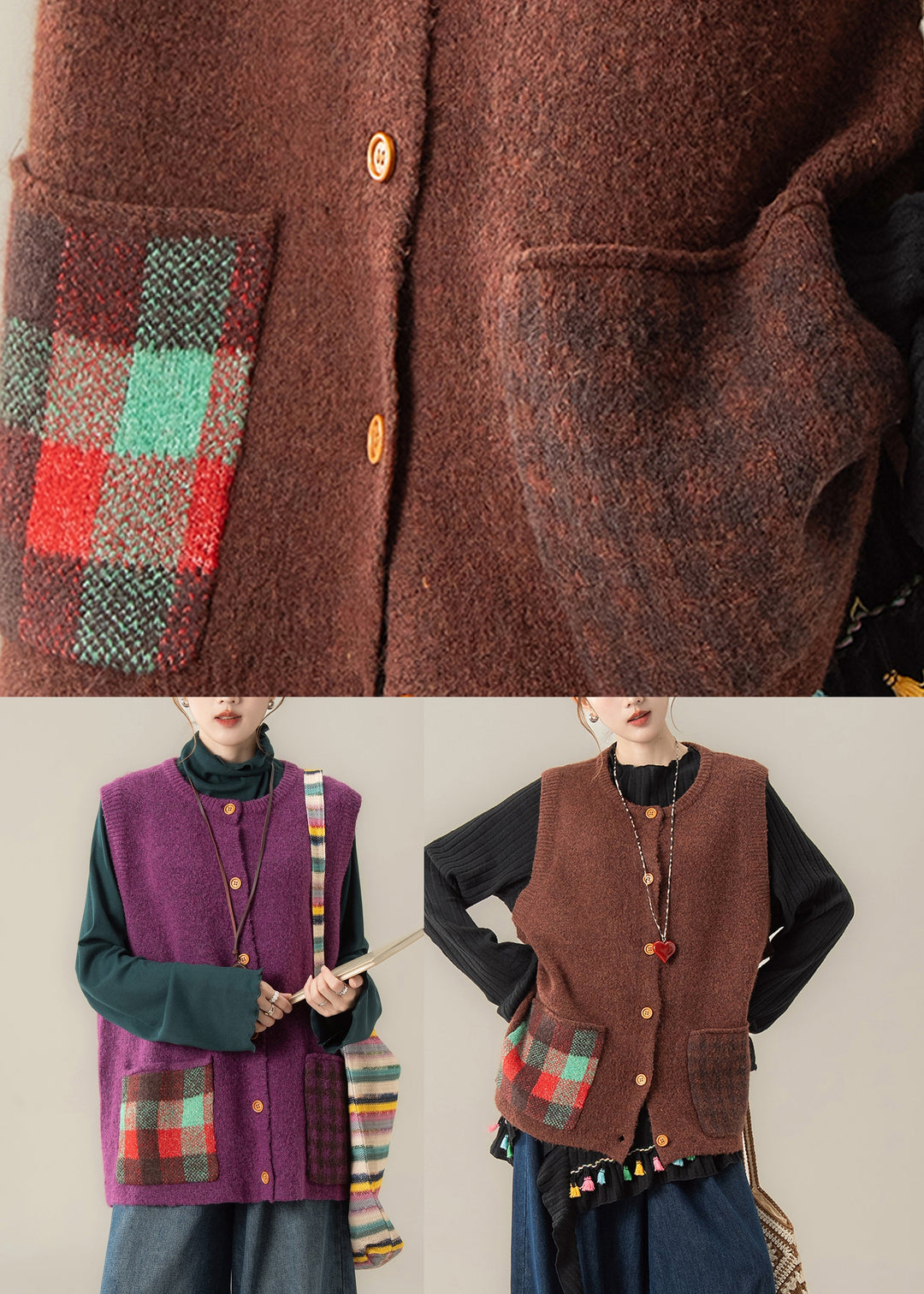Women Purple Patchwork Button Cozy Cotton Knit Waistcoat Winter