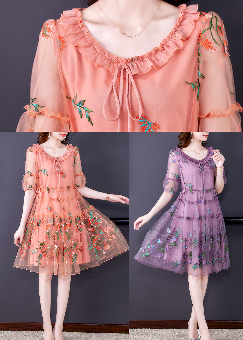 Women Purple Ruffled Tulle Patchwork Chiffon A Line Dress Half Sleeve