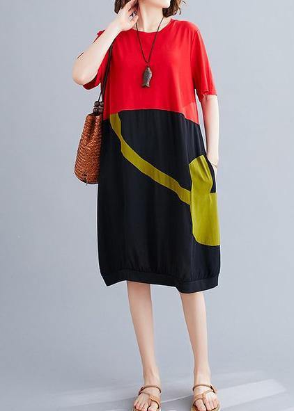 Women o neck patchwork Cotton dress red Dresses