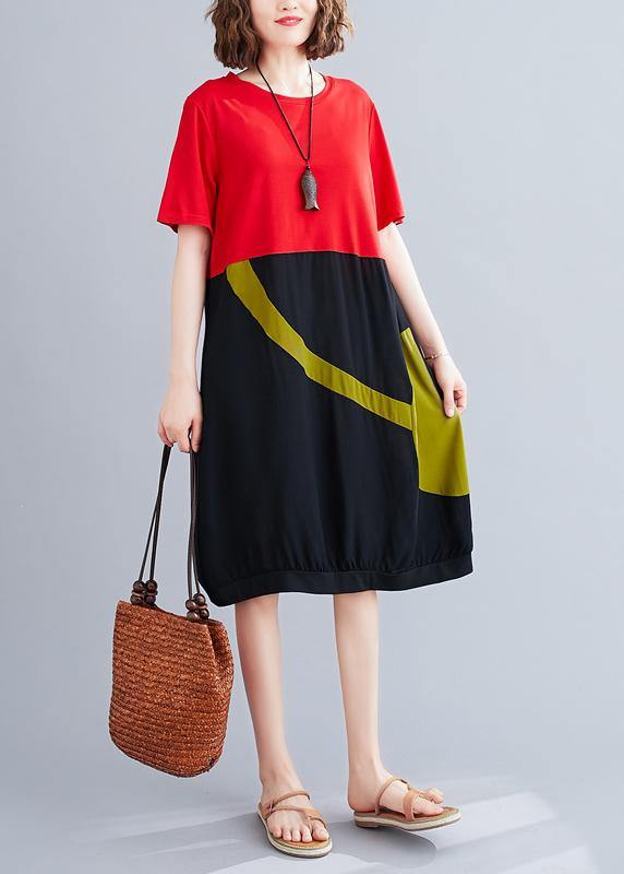 Women o neck patchwork Cotton dress red Dresses