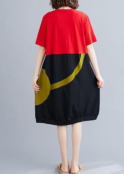 Women o neck patchwork Cotton dress red Dresses
