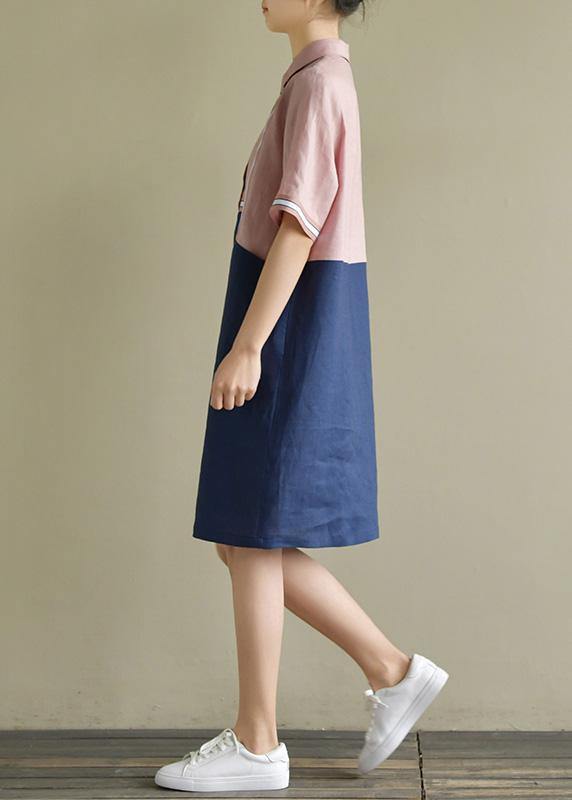 Women pink patchwork blue linen Robes lapel shift summer Dress