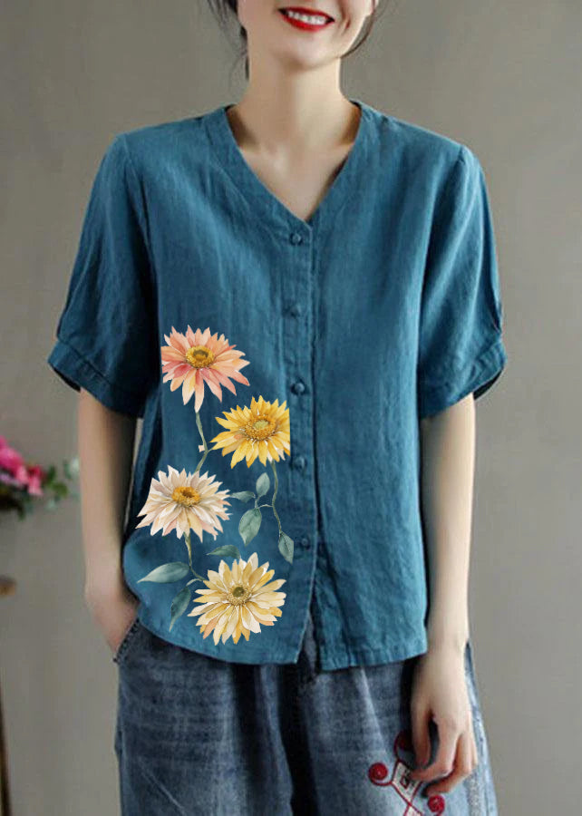 Loose Pink V Neck Embroideried Floral Summer cotton blend Shirt