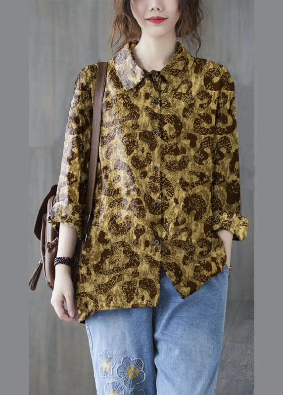 Unique Grey Peter Pan Collar Button Print Fall Blouses Long sleeve