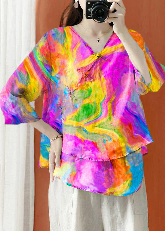 Beautiful Purple Asymmetrical Print cotton blend Blouses Half Sleeve