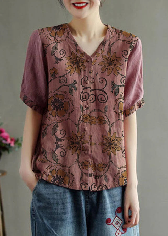 Loose Pink V Neck Embroideried Floral Summer cotton blend Shirt
