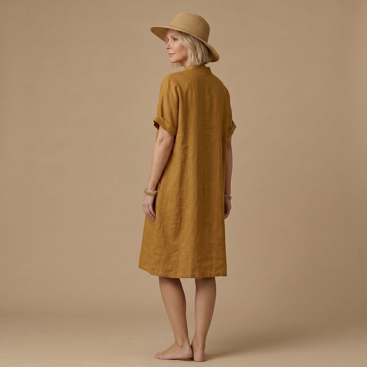 Women yellow linen dress lapel pockets Plus Size summer Dresses