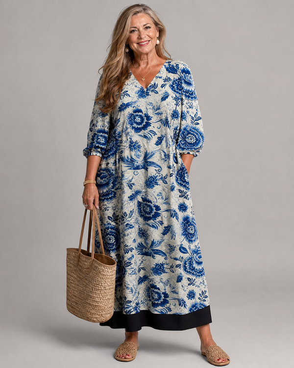 Elisabeth | Abito midi boho con stampa floreale in porcellana