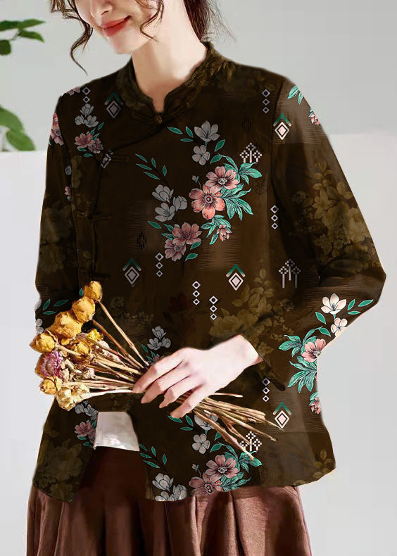 Vintage Chocolate O-Neck Button Print Tops Long sleeve