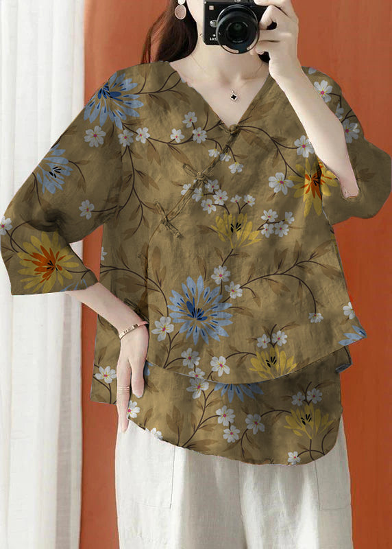 Beautiful Purple Asymmetrical Print cotton blend Blouses Half Sleeve