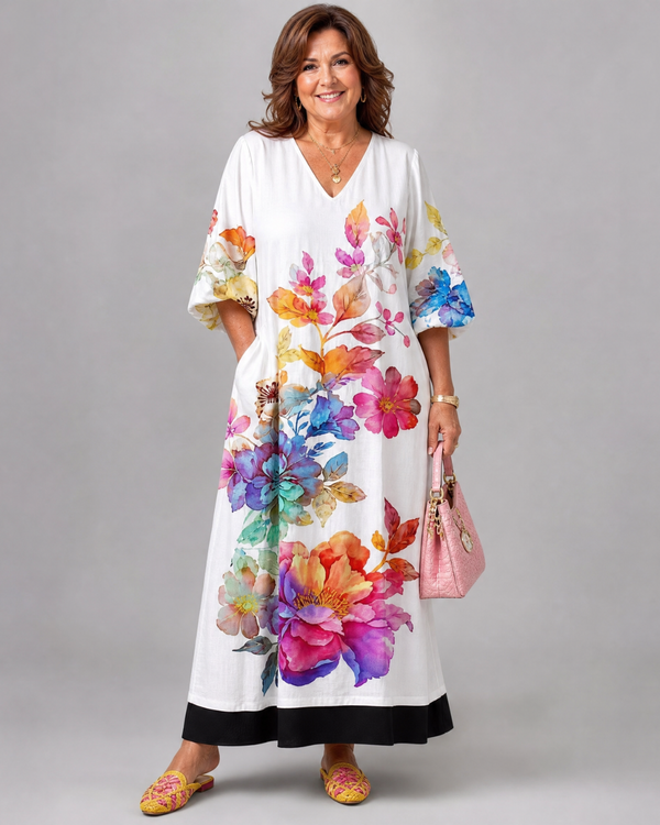 Fiorentino | Abito midi boho con stampa floreale acquerellata