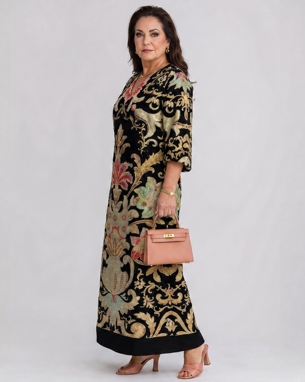 Gisela | Abito midi boho con motivo vintage e tasche