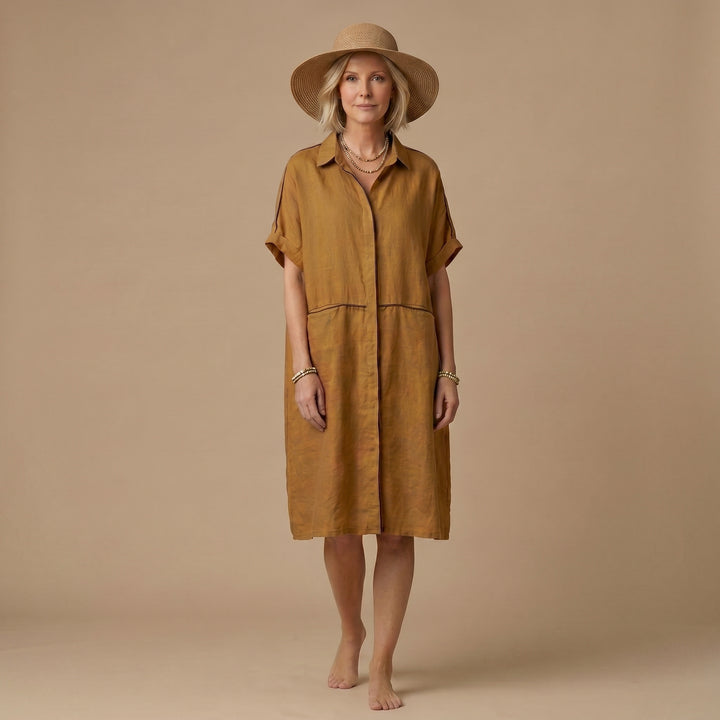Women yellow linen dress lapel pockets Plus Size summer Dresses