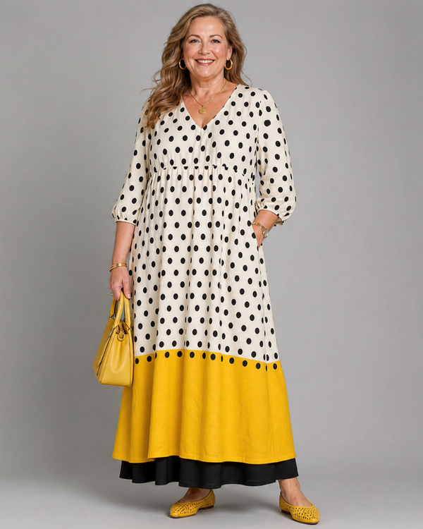 Lore | Abito midi boho con motivo a pois e orlo a blocchi di colore