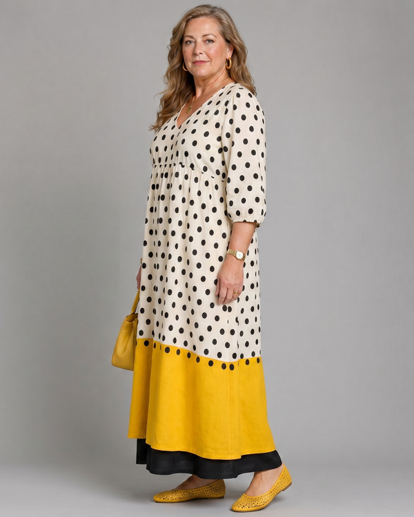 Lore | Abito midi boho con motivo a pois e orlo a blocchi di colore
