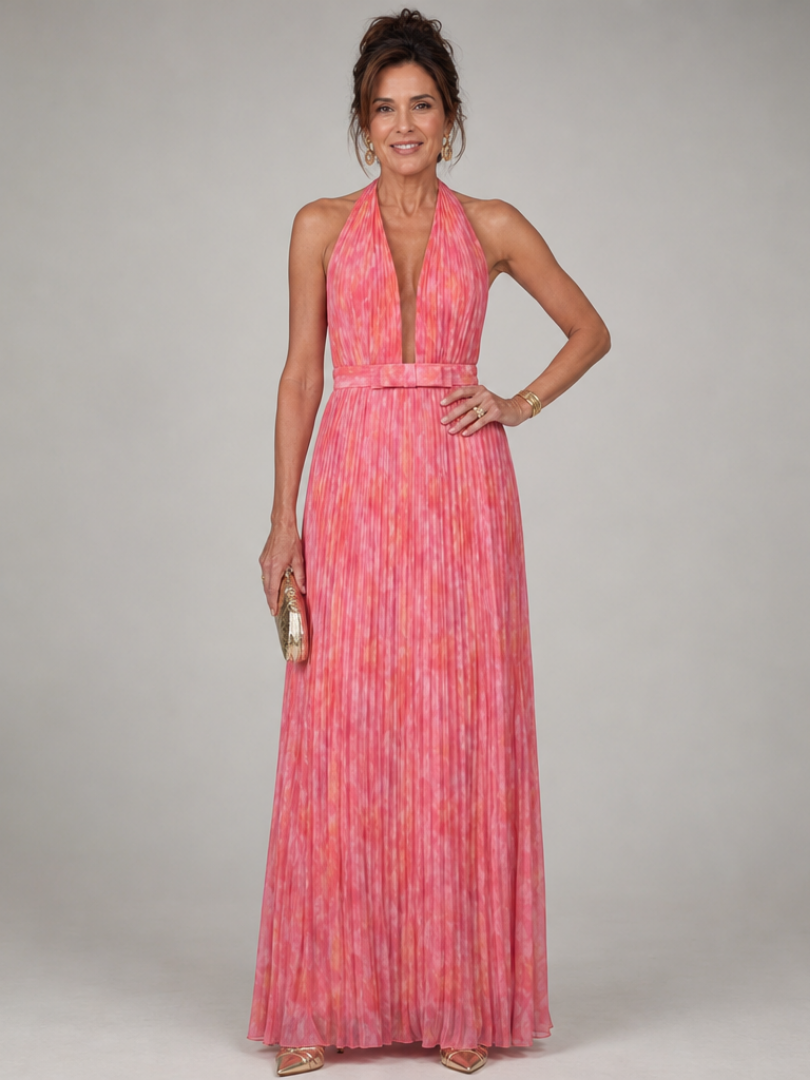 Marlis | Abito lungo con scollo all'americana e gonna plissettata