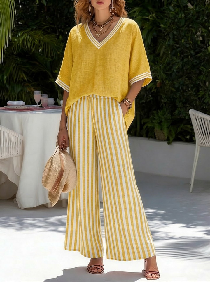 Carlisi | V neck top and striped pants set