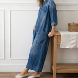 Saylor - Salopette in Denim di Cotone Lavato Vintage con Chiusura a Bottone