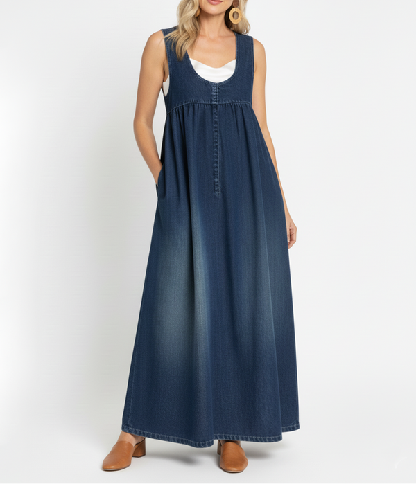Miranda - Abito Maxi in Denim Lavato Vintage con Sensazione di Cotone Morbido