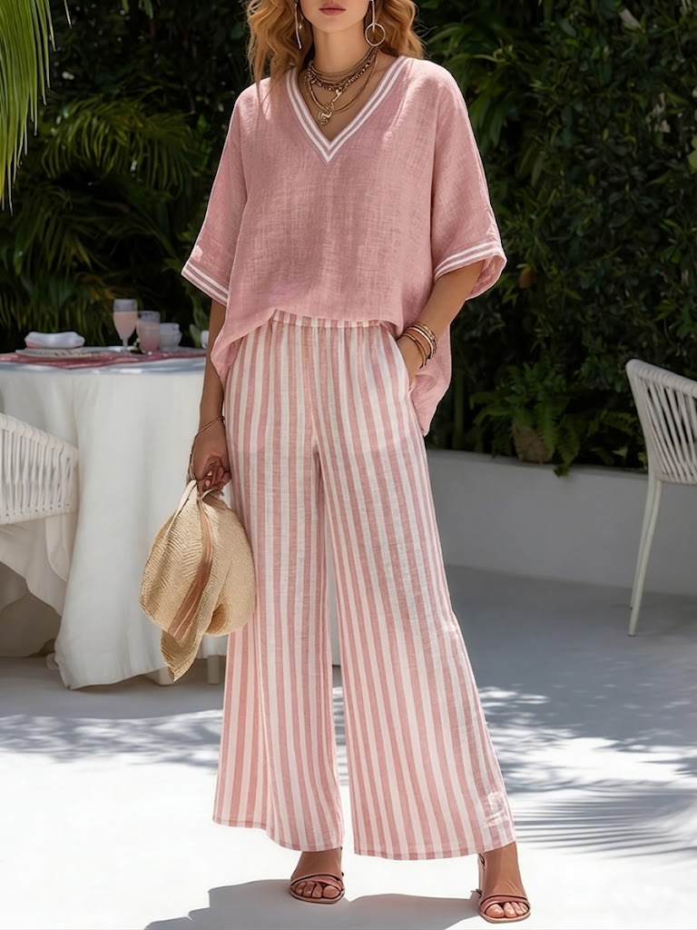 Carlisi | V neck top and striped pants set