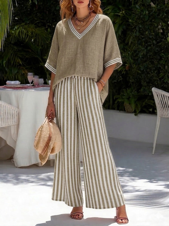 Maika | V neck top and striped pants set