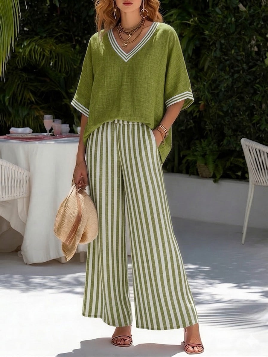 Maika | V neck top and striped pants set