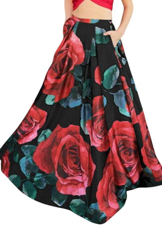Fashion Yellow Elastic Waist Pockets Print Cotton Skirts Summer