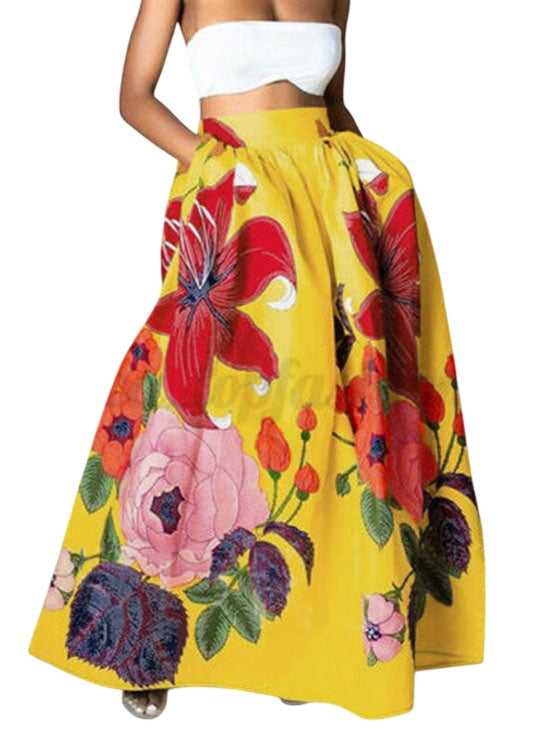 Fashion Yellow Elastic Waist Pockets Print Cotton Skirts Summer