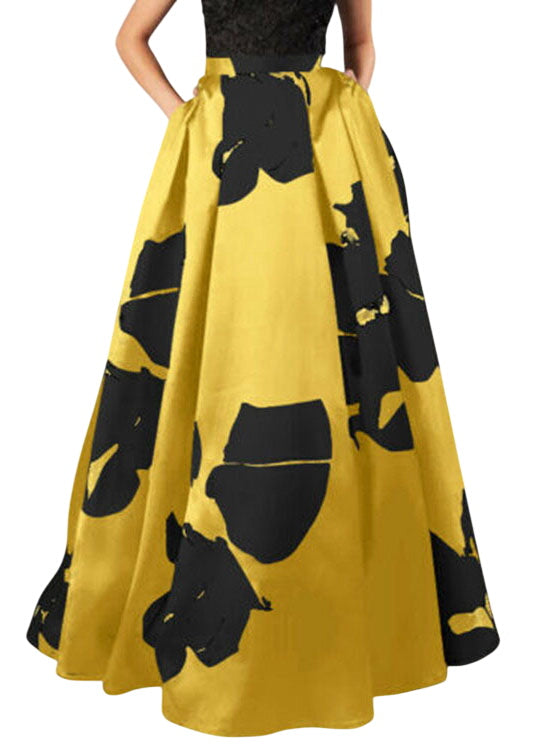 Fashion Yellow Elastic Waist Pockets Print Cotton Skirts Summer