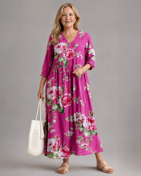 Roswitha | Abito midi boho con stampa di rose vintage
